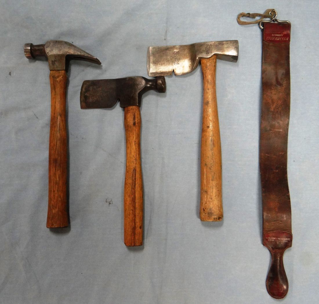 4 Keen Kutter hand tools, 2 hatchet hammers, claw hammer, razor strop,