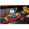 Image 2 : SHELF LOT OF TOOLS; BAR MINI GRINDER, LASER LEVEL KIT, AMBER FLASHING AUTOMOBILE TOP LIGHT, PUMP,