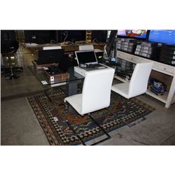 CONTEMPORARY GLASS TOP DINING TABLE WITH 4 WHITE LEATHER CHAIRS