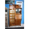 Image 1 : EARLY 1900S OAK SIDE BY SIDE BOOKSHELF CABINET WITH DROP FRONT AND CURVED GLASS FRONT DOOR