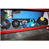 Image 2 : SHELF LOT OF ASSORTED EXERCISE EQUIPMENT; TRAMPOLINE, YOGA MATS, ECT