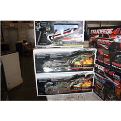 2 PROTOCOL STEALTH HAWK RADIO CONTROLLED HELICOPTERS AND ONE PROTOCOL RADIO CONTROLELD RACE BOAT