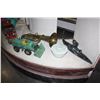 Image 2 : LOT OF ASSORTED COLLECTABLES; TIN TOY TRUCK, BULL DOZER, CORINETTE, VINTAGE BOWL, NATIVE CANOIST