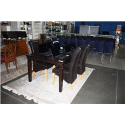 5PC DINING TABLE SET; TABLE WITH JACKNIFE LEAF AND 4 BROWN LEATHER HIGH BACK CHAIRS