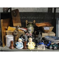 SHELF LOT OF ASSORTED COLLECTABLES MISC AND DECORATIVE HOUSEHOLD ITEMS; VASES, PLATES, ETC