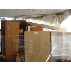 ONE LARGE PALLET FULL OF ASSORTED OFFICE FURNITURE; TABLES, DESKS, SHELF UNITS, ETC