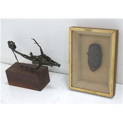 Brutalist sculpture on wood stand & African mask