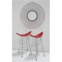 Pair chromed & leatherette bar stools & mirror