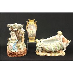Two Bisque groupings & Carlsbad vase
