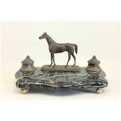 Delabriere, bronze & marble base figural inkwell