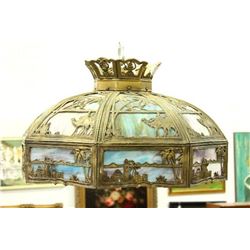 Antique slag glass & brass chandelier