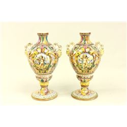 Pair of Italian majolica porcelain scenic urns