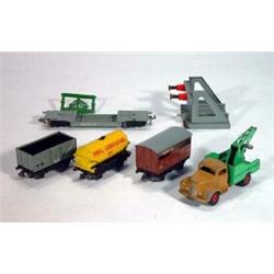 Selection of Hornby railway engines, trucks, Corgi breakdown truck, etc…