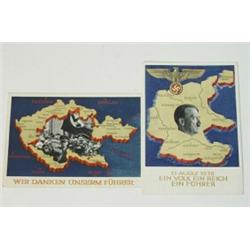 Two postcards showing German map, postally used…