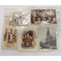 Selection of black and white and coloured postcards, cards, etc, including military tailor's shop…