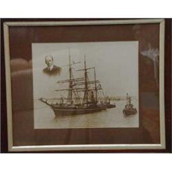 Oak framed photographic print of Scott of the Arctic and his boat leaving harbour…