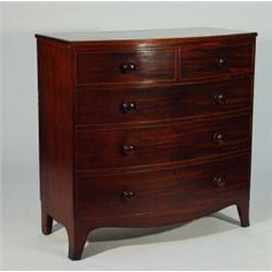 George III mahogany bow fronted chest, fitted two short above three graduated long cockbeaded dra…