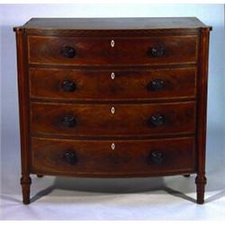 Victorian inlaid mahogany bow fronted chest, fitted four drawers with ivory escutcheons, flanked…