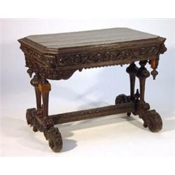 Victorian heavily carved oak writing table, fitted a frieze drawer, flanked on either side by a p…