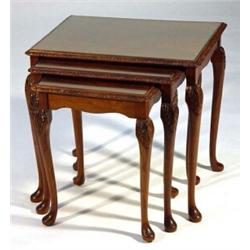 Nest of three mahogany tables with glass inserts on cabriole legs…