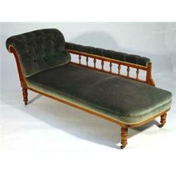 Edwardian carved walnut framed chaise longue with green draylon upholstery…