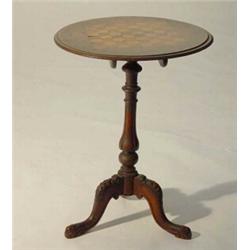 Victorian walnut games table with circular top inlaid with a chess table on a baluster turned col…