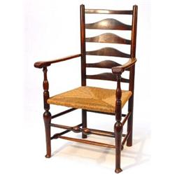 Early 19th century ash and elm ladderback chair with rush seat together with two similar chairs…