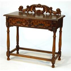 19th century carved oak hall table, fitted a pair of frieze drawers on turned legs…