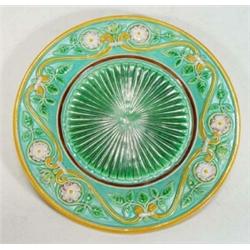 George Jones circular plate, decorated with a green sunburst with a floral and swag border on a e…