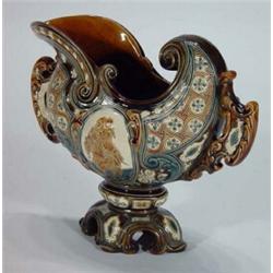 Continental Majolica ornately shaped vase on pedestal base with lovers scene, impressed marks to…