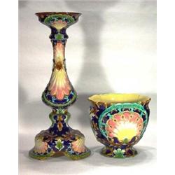 Hand painted Continental Majolica jardiniere on stand with floral and swag decoration…