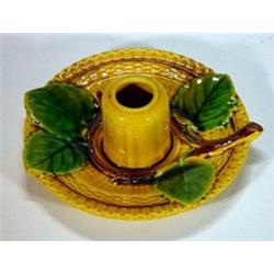 Twig design yellow, green and brown glazed Majolica chamberstick, 15cm diameter…