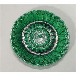 Green glazed George Jones Majolica plate with a floral leaf decoration, 22cm diameter, impressed…