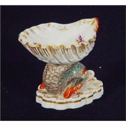 Continental porcelain dolphin shell shaped salt, hand painted with birds and butterflies, blue un…