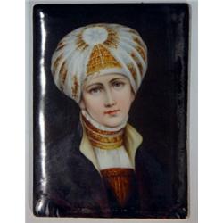 Rectangular Continental porcelain plaque hand painted with a portrait of a young girl wearing a t…