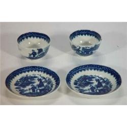 Pair of miniature, possibly, Worcester tea bowls and saucers, decorated with blue and white willo…