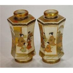 Pair of Satsuma hexagonal vases, decorated with panels of family scenes and landscapes, signature…