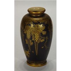 Large black ground Satsuma vase, hand gilded with flowers and trees, signature mark to base, 18cm…