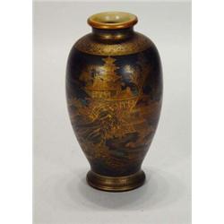 Small Satsuma black ground vase, hand gilded with temple scenes, signature to base, 22cm high…