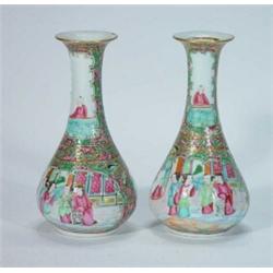 Pair of Chinese Famille Rose vases, hand painted with figures of birds amongst flowers, 18cm high…