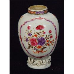 19th century Chinese porcelain vase, hand painted with panels of flowers on a scrolled base, 7cm…