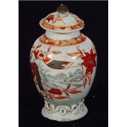 19th century Chinese porcelain pot and cover, hand painted with village scenes and baskets of flo…