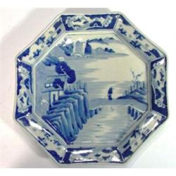 Octagonal blue and white Chinese plate, hand painted with a river scene, 32cm diameter…