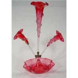 Victorian cranberry glass three branch epergne with frilled trailing, 60cm high…