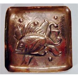 Square copper Newlyn stylised fish design dish, 12cm in length…
