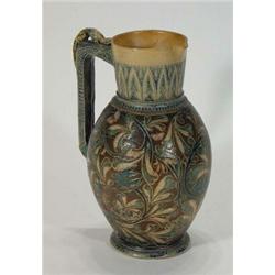 Martin Brothers stoneware jug, incised and relief moulded with stylised leaves, butterflies, bird…