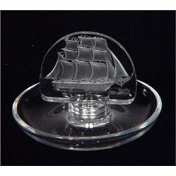 Lalique sailing ship design glass ring tray, etched marks to base, 6cm high…