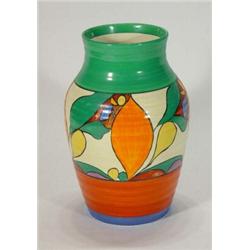 Hand painted Clarice Cliff Bizarre 'Isis' vase, decorated in abstract green, blue and oranges, 28…