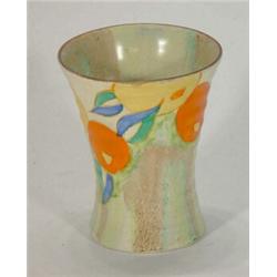 Hand painted Clarice Cliff Bizarre 'Delicia Citrus' patterned vase, 12cm high, Bizarre marks to b…