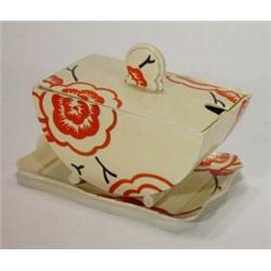 Hand painted 'Bizarre' Clarice Cliff Royal Staffordshire tureen and cover on stand, decorated wit…